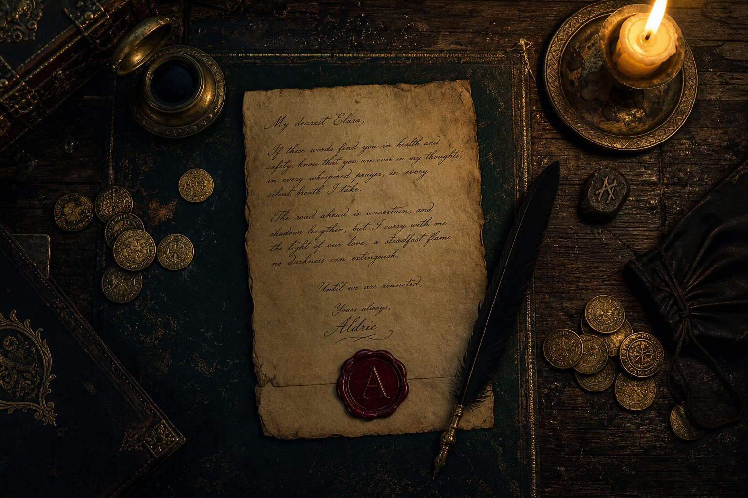 An ancient writing desk from above: a letter, a red wax seal, quill and a lit candle