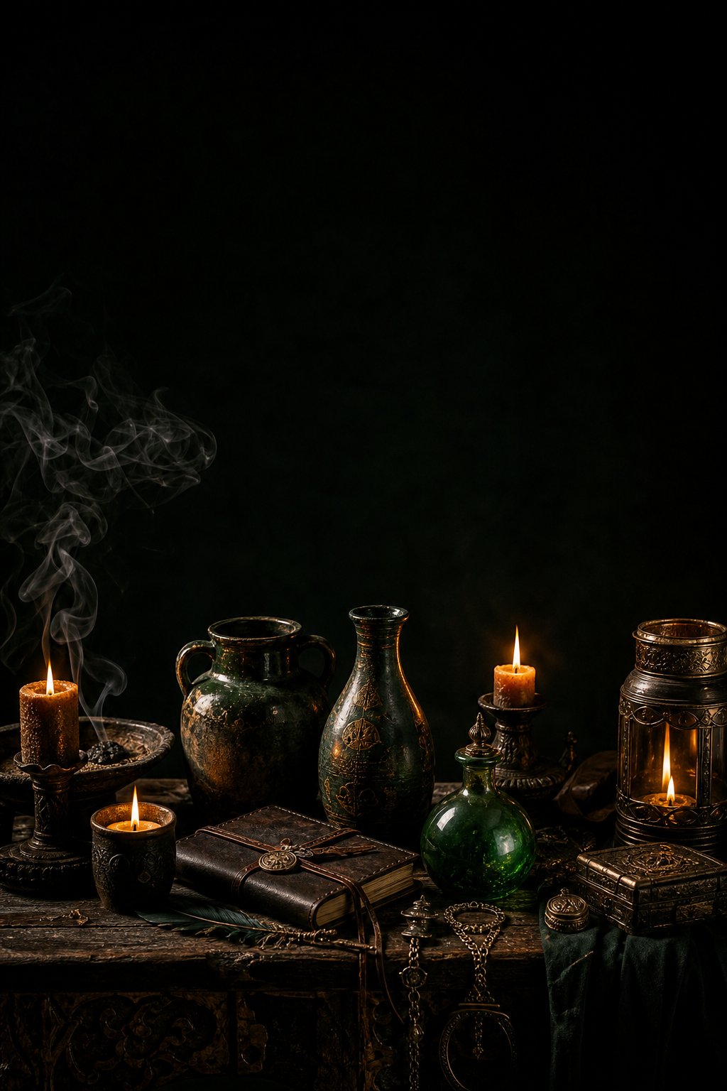Handcrafted artisan goods on an old wooden table in candlelight
